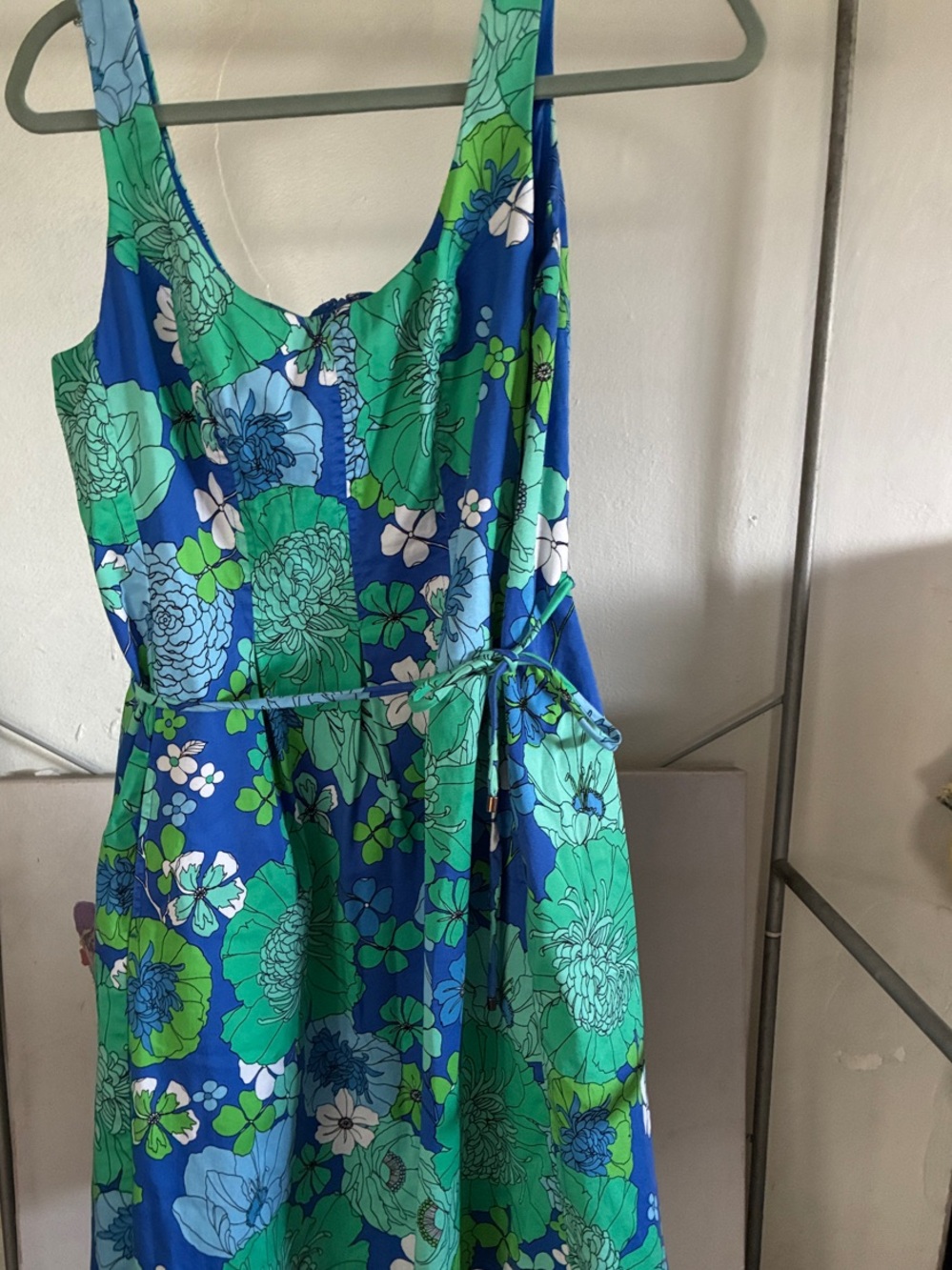 Cappagallo Blue and Green Floral Midi Dress with Tie Waist